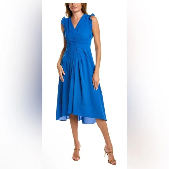 Maggy London V-Neck Hi-lo Midi Dress with Gathered Waist and Ruffle Details - Picture 2 of 7